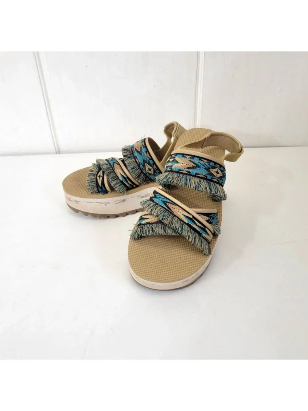 Teva Women's Fringe Platform Sandals With Aztec Print Straps & Wedge Sole Beige - Picture 3 of 9